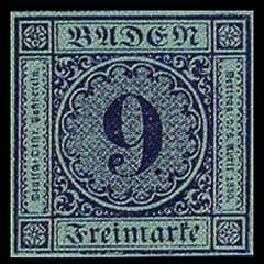 Baden 9 Kreuzer error stamp on blue-green paper