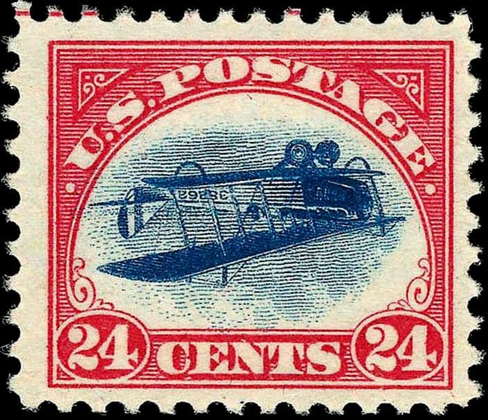 Inverted Jenny stamp — 1918 US airmail error stamp with upside-down biplane