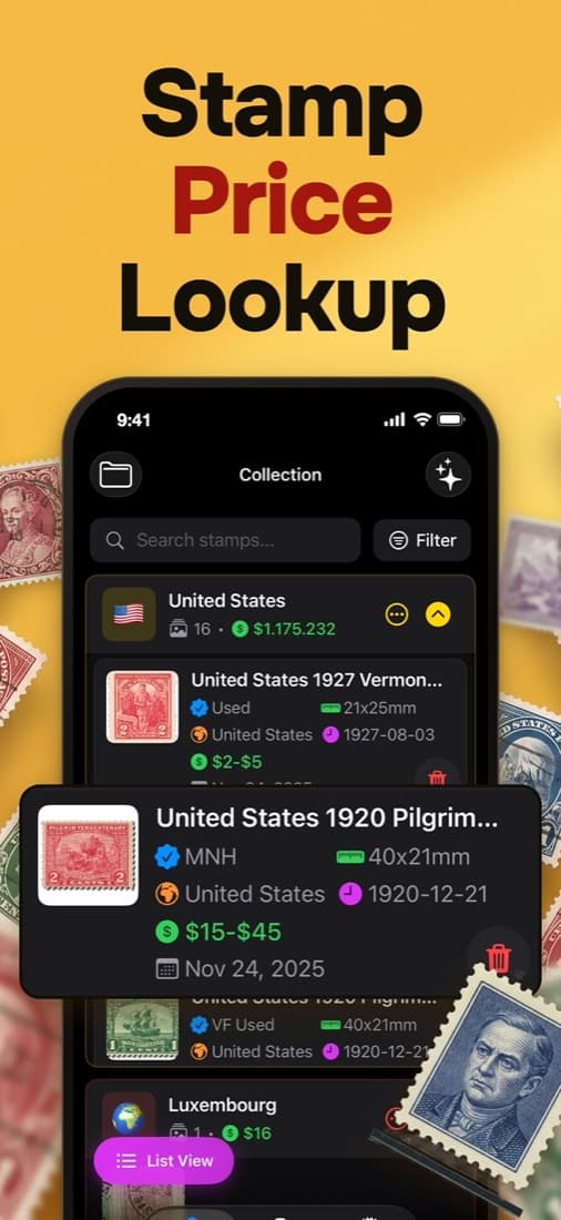 Stamp Identifier app showing a collection grouped by country